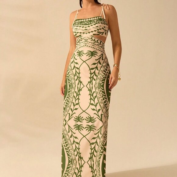 Green Boho Women's Coconut Print Hollow Waist Back Binding Sleeveless Dress - Picture 5 of 7